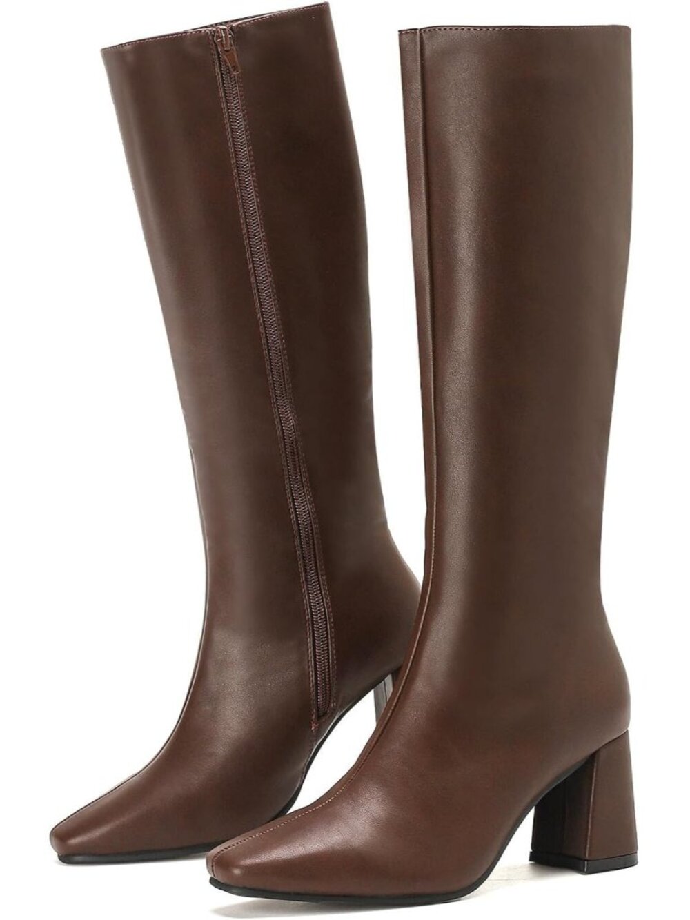 Women's Brown Square Toe High Stiletto Heel Slouchy Putu Knee High Dress Boots
